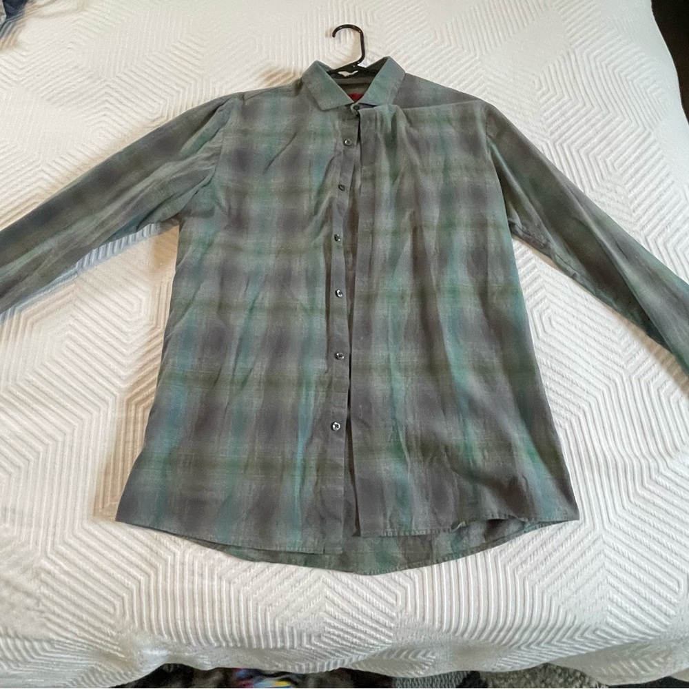Gray and Green Plaid Button-Up Shirt HUGO BOSS
